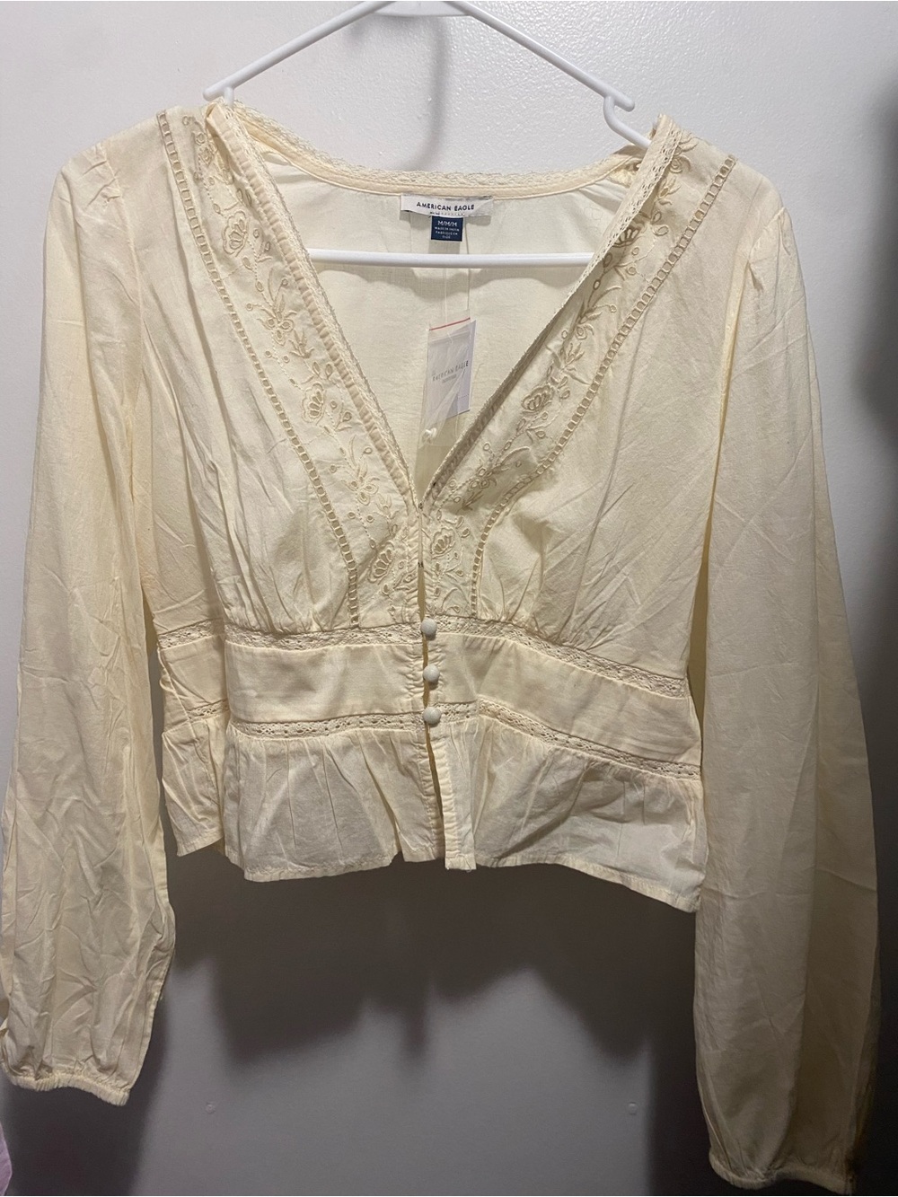 American Eagle Outfitters Ivory Embroidered V-Neck Peplum Blouse